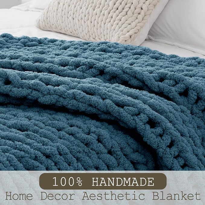 Chunky Knit Throw Blanket 60x80, 100% Handmade Chenille Yarn | 6.7lbs Soft Thick Cable Knitted Blankets, Large Rope Knot Crochet Throws for Couch Sofa Bed Machine Washable, Lyons Blue