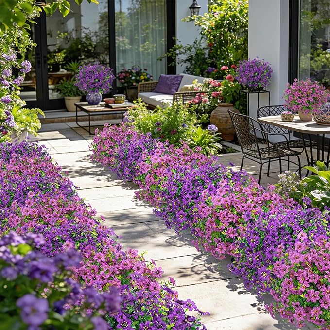 Ouddy Decor 24 Bundles Artificial Flowers for Outdoors Fake Silk Flowers Faux Plastic Plant UV Resistant for Spring Summer Porch Garden Yard Plants Wedding Indoor Outdoor Home Decoration, Purple Mixed