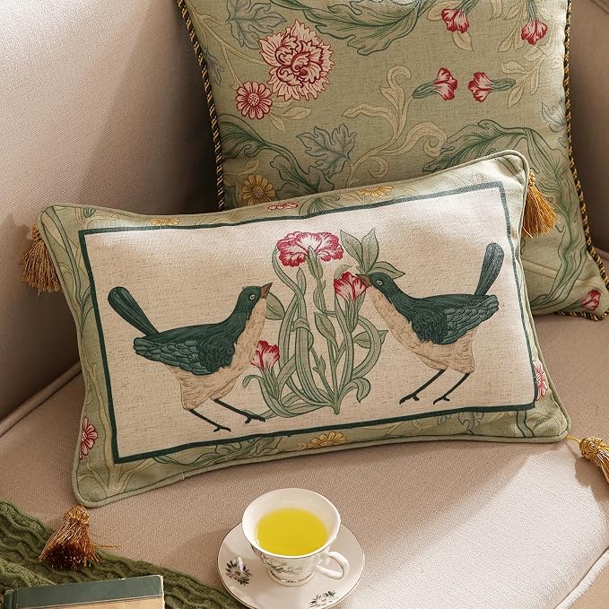 patdrea Designer French Vintage Linen Throw Pillow Cover,12"x20"-Cecilia E | Decorative Pillow Case with Zipper,Green Floral Pattern,Cushion Coverfor Couch Living Room Bedroom Sofa