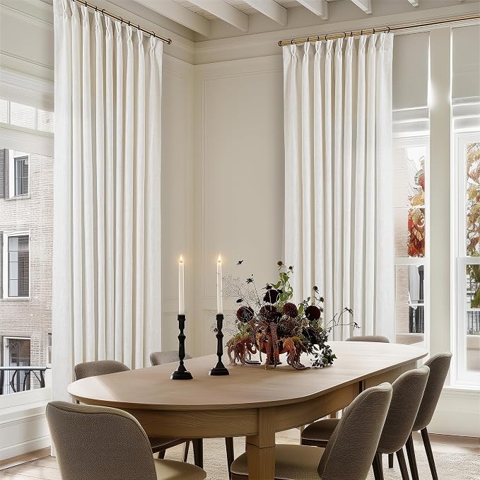 TWODRAPES Natural Pinch Pleated Linen Curtains 1 Panel for Living Room Bedroom Memory Training Shaped Semi Sheer Pleat Drapes with Hooks Rings Light Filtering Window Curtain 60x108
