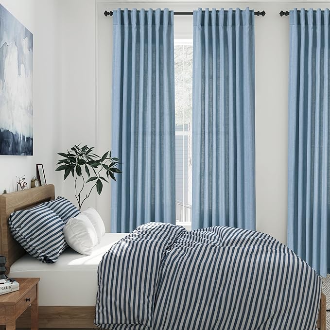 Dusty Blue Linen Curtains 92 Inch Length 2 Panels Set for Living Room Back Tab Rod Pocket Pinch Pleated Window Curtain Drapes Neutral Rustic Farmhouse Decor Dining Room Curtain 92 Inches Long