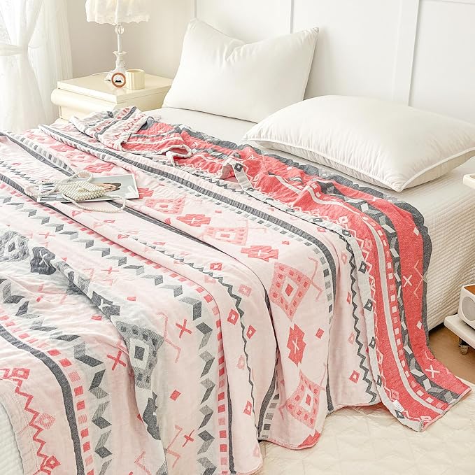 MEJU Boho Indian Pink Gray Retro Southwest Muslin Reversible Blanket for Bed Sofa Couch 100% Combed Cotton 3 Layer Soft Warm Bedspread Throw Blanket Bed Coverlet Twin 60 in x 80 in
