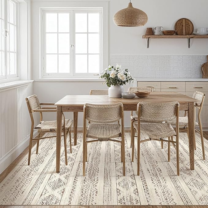 Tortania Area Rug Living Room Rugs - 5x8 Washable Large Soft Neutral Boho Moroccan Bohemian Farmhouse Rug Indoor Floor Carpet for Bedroom Under Dining Table Home Office Decor - Brown