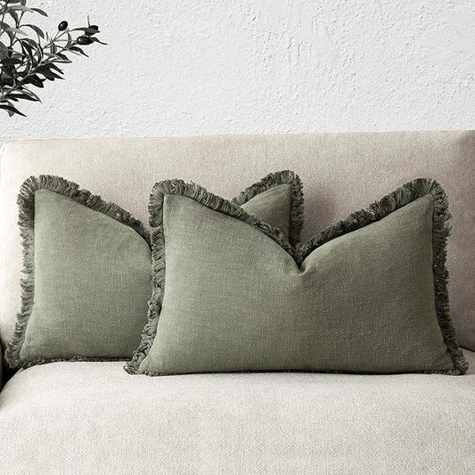 Foindtower Set of 2 Decorative Linen Fringe Throw Pillow Covers Boho Farmhouse Cushion Cover with Tassels Accent Pillowcase for Couch Bed Sofa Living Room Home Bedroom Decor, 12×24 Inch, Olive Green