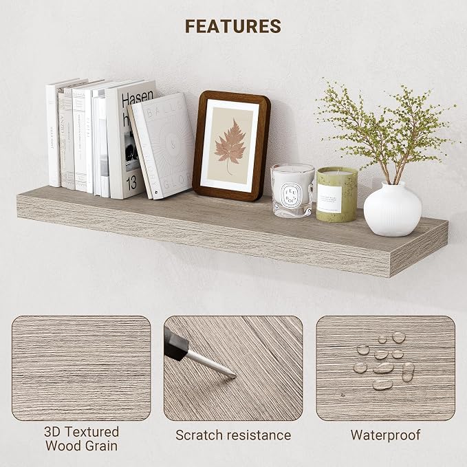 Acovy 48 Inch Floating Shelves, 3D Textured Wood Grain, 48"x9.25"x1.5" Inch Deep Floating Shelves for Wall, Wooden Shelves for Bathroom, Bedroom, Living Room, Vintage Gray Oak, 1 Piece