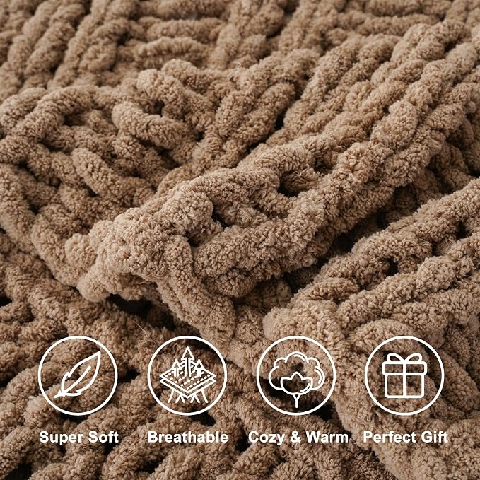 Battilo Chunky Knit Throw Blanket for Couch, 50"x60",Taupe | Hand Knit with Chunky Chenille Yarn, Chenille Blanket, Cozy Warm Thick Soft knitted Blanket for Bed, Sofa, Living Room