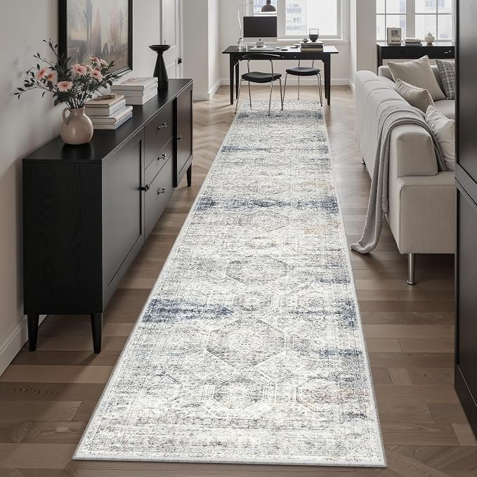 Soalmost Runner Rug 2x12 Washable Non-Slip Hallway Runner Rugs for Kitchen Bathroom Laundry Room Blue Ivory Vintage Floor Carpet Runners for Hallways Entryway
