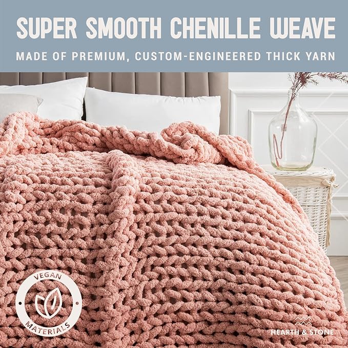 Chunky Knit Blanket Throw - 50"x60" 3.7 lbs.- Soft Chenille Yarn Knitted Blanket -Machine Washable Crochet Blanket - Handmade Cable Knit Throw Blanket for Couch, Bed (Blush Pink) | Soft chenille chunky knit throw blanket in blush pink â€“ handmade cabl...