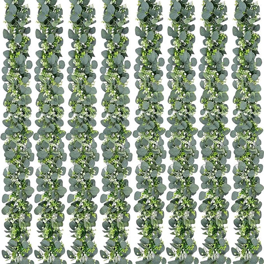 Waipfaru 8Pcs Eucalyptus Garland, 5.9FT Greenery Garland, Green Garland with Flowers, Artificial Faux Silver Dollar Eucalyptus Leaves Vines for Table Home Wedding Mantle Party Indoor Outdoor Decor