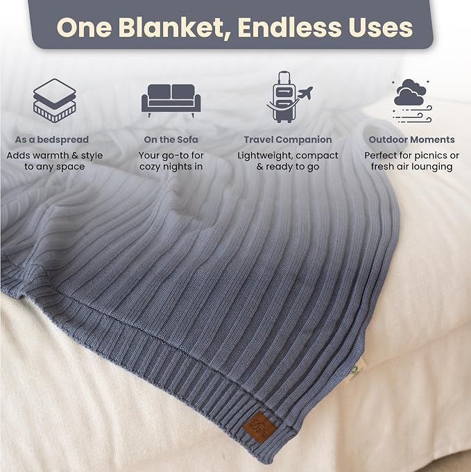 Dalisa 100% Organic Cotton Knit Throw Blanket, Grey-Blue, 60x80 Inches, GOTS-Certified, Crochet Knit, Adult, Eco-Conscious Luxury, Lynx-Inspired Pattern