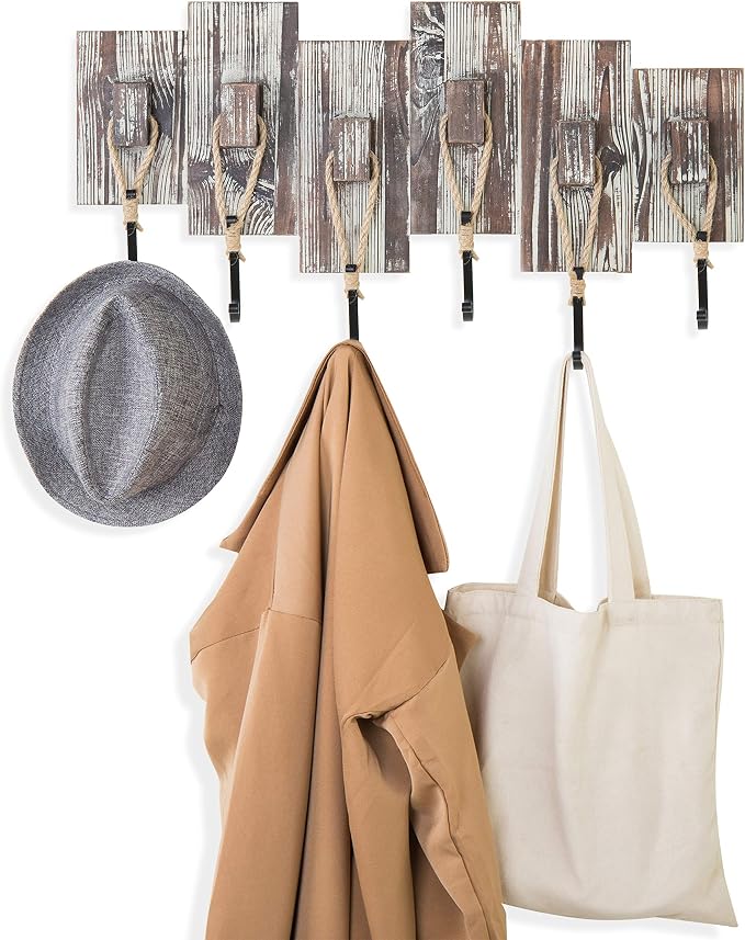 MyGift 6 Hook Wall Mounted Torched Wood Entryway Coat and Hat Rack, Decorative Nautical Style Rustic Rope Metal Hanging Storage Hooks on Offset Wooden Planks