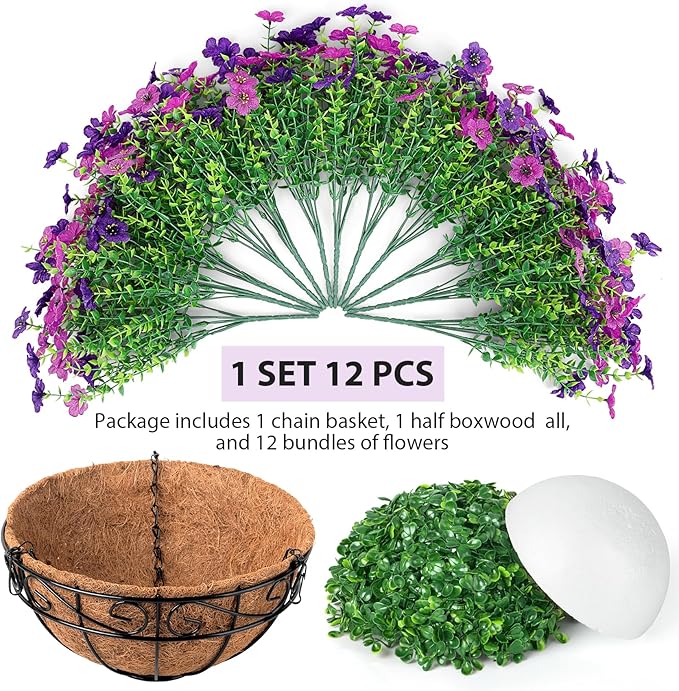 Artificial Fake Hanging Flowers Plants Basket Outdoors, Faux Silk UV Resistant Look Real Daisy Eucalyptus for Spring Summer Garden Porch Home Patio Balcony Yard Decorations, Double Purple