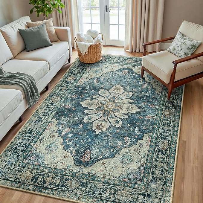 RELEANY Area Rugs 5'x8' Washable Non-Slip, Floral Vintage Distress Print Pattern Medallion Carpet for Living Room Bedroom Dining Room, Dark Blue Vintage