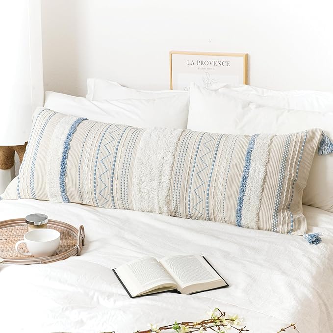 BlissBlush 20X54 Oversized Large Lumbar Pillow Cover for Bed, Rectangular Long Decorative Throw Pillowcase, Cotton Boho Accent Cushion with Blue Tufted Pattern and Tassels, Cream Neutral (Cover Only)