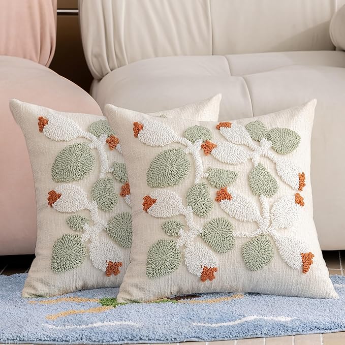 White Floral Embroidered Throw Pillow Covers 18" x 18" Set of 2, Farmhouse Flowers Green Leaves Tufted Patterned Cushion Cases for Couch Bed Living Room Decor