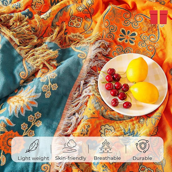 King Throw Blanket for Bed Couch,100% Organic Cotton Reversible Soft Quilt, Orange Floral Breathable Lightweight Muslin Blankets,90"×108" Extra Large Sofa Throws for 3 4 Seater with Tassels,Orange