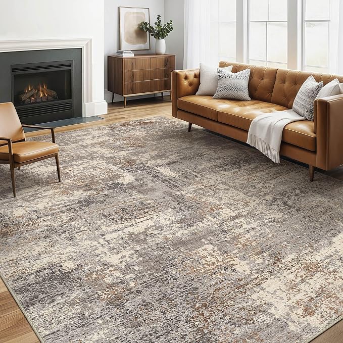 6x9 Area Rugs Living Room: Washable Large Abstract Neutral Modern Soft Rug Stain Resistant Indoor Floor Non-Slip Accent Carpet for Bedroom Nursery Playroom Dining Room Office Home- Sand Brown Black