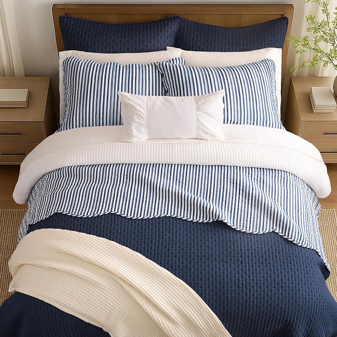Levtex Home Cross Stitch Reversible King/Cal King Quilt Set (106x92in) and 2 Pillow Shams (36x20in) - Stitch Texture - Navy - Cotton King Size Quilt Bedding Set - Lightweight Soft Pre-Washed