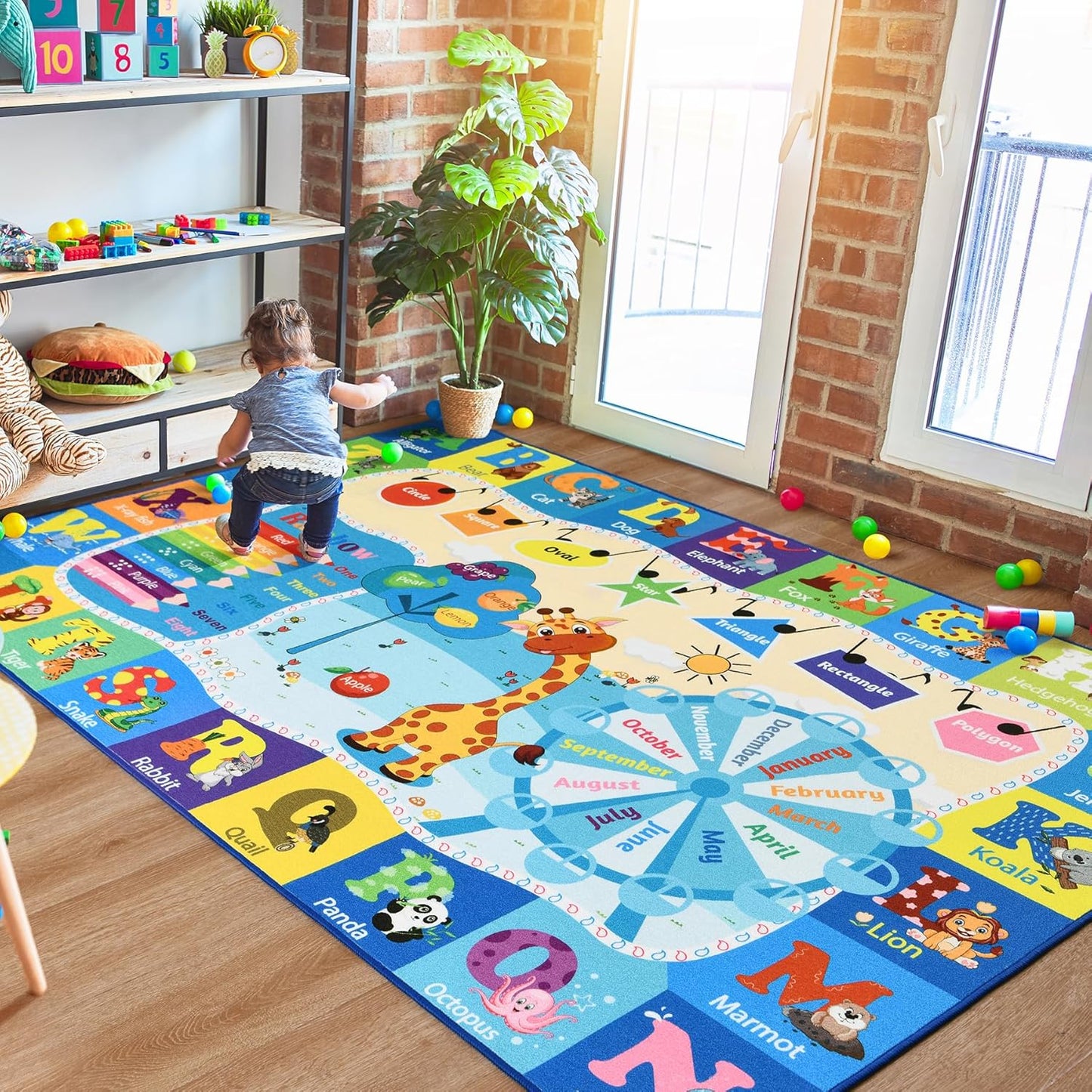 4x6 Playroom Rugs for Kids Washable, Educational and Fun Playmat with ABC Alphabet Animals Shapes Colors, Non-Slip Play Mat Learning Rugs for Baby Toddler Children Game Activity, Blue