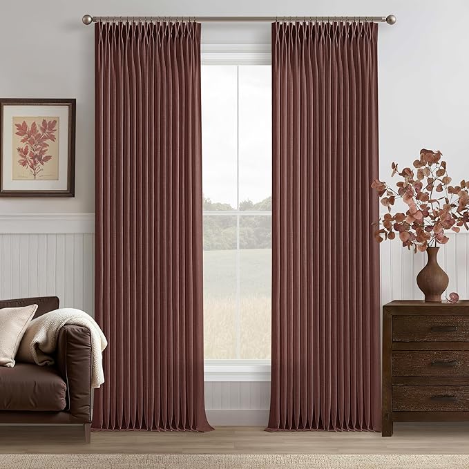 Reddish Brown Pinch Pleat Thick Linen Curtains 102 Inches Length 2 Panels Set Back Tab Light Filtering Linen Textured Pleated Drapes with Hook Rings Semi Sheer Sliding Glass Door Curtain 102 Inch