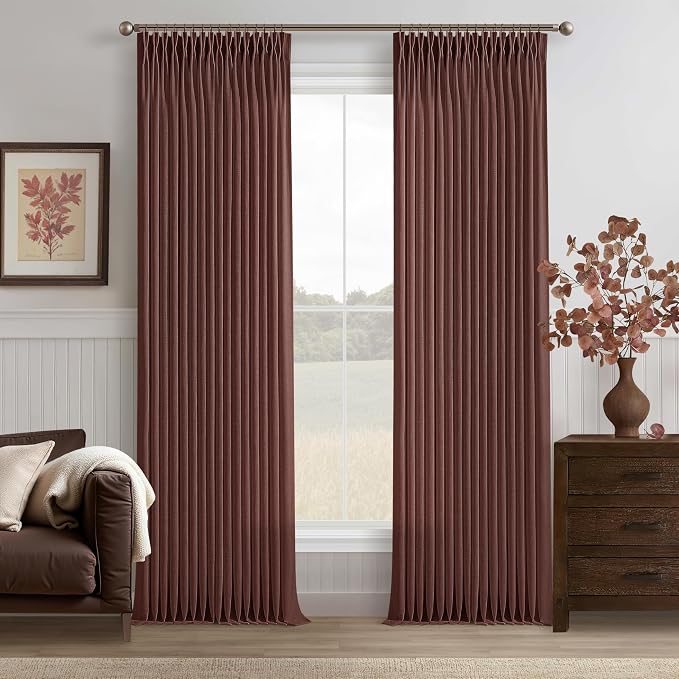 120 Inches Thick Linen Pleated Curtains 2 Panels Extra Long Chestnut Brown Country Light Filtering Drapes with Ceiling Track System Dark Terracotta Back Tab Window Curtain for Living Room Bedroom