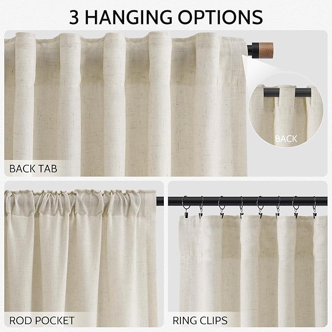 Nanspring Vanilla Linen Curtains 120 Inches Long for Living Room Light Filtering Semi Sheer Curtain Back Tab Modern Farmhouse Decor Floor to Ceiling High Window for Bedroom 52x120, 2 Panels