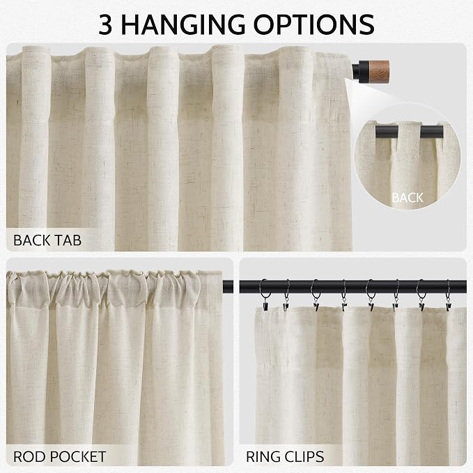 Nanspring Vanilla Linen Curtains 102 Inches Long for Living Room Light Filtering Semi Sheer Curtain Back Tab Modern Farmhouse Decor Floor to Ceiling Coastal Drapes for Bedroom 52x102, 2 Panels