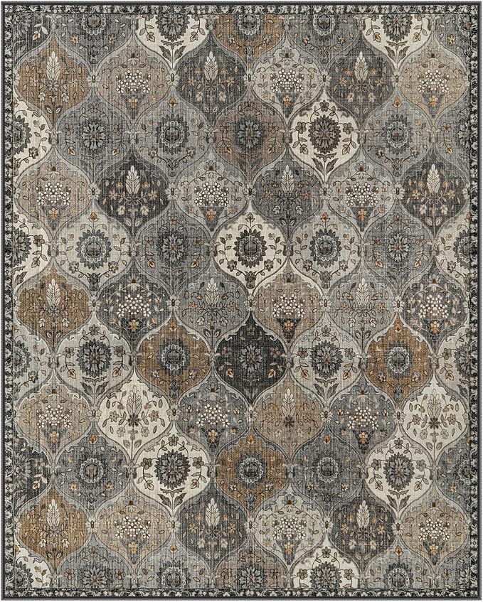 Lahome Moroccan Washable Area Rugs 8x10, Soft Vintage Oriental Rug for Living Room Bedroom Dining Room, Non Slip Low Pile Stain Resistant Rug for Kids Pets High Traffic Areas, Burnt Grey