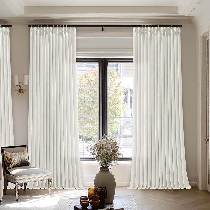 Natural Beige Semi Sheer Pinch Pleated Linen 70 Inch Extra Wide Curtains | Cream Ivory Neutral, 84 inch Long, Light Filtering Privacy, Living Room, Flax Textured, Memory Shape Hook Rings, Boho Modern