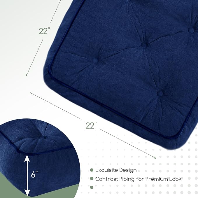 HIGOGOGO 6" Extra Thick Floor Pillow Cushion for Adults, Meditation Cushion Pillow with Handle, Lustrous Chenille Tufted, Square Floor Sitting for Tatami Living Room or Yoga, 22x22 Inch, 2Pack, Navy