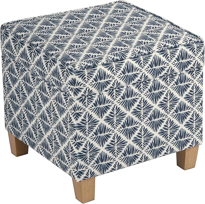 HomePop Small Square Storage Ottoman with Lift-Off Top, Blue Geometric Pattern Cotton Fabric Upholstered Accent Footrest Stool with Wood Legs for Living Room Bedroom Entryway