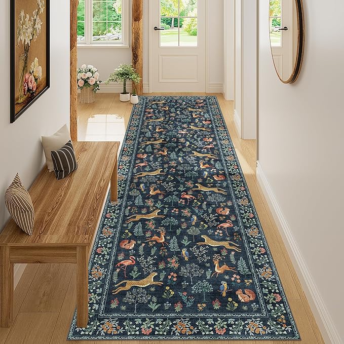 DUKINO 3x10 Washable Runner Rug for Hallway, Lightweight Loog Kitchen Rug with Low Pile Design, Vintage Animal Non Shedding Thin Indoor Carpet for Entryway, Bathroom, Bedroom, Laundry Room, Navy Blue