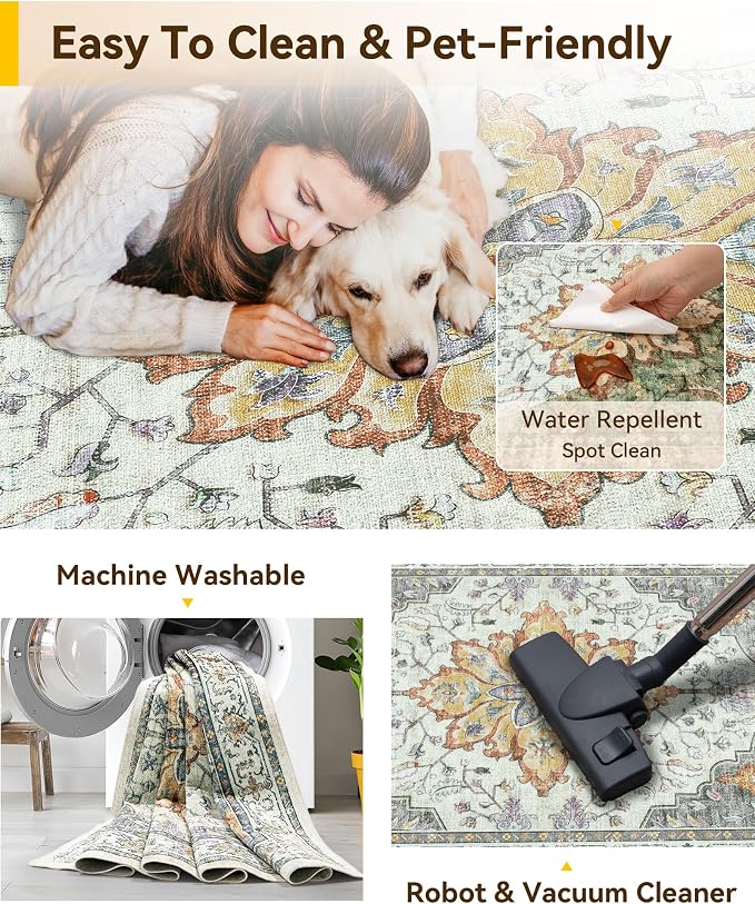 RELEANY Area Rugs Square 4ft Washable Non-Slip, Floral Vintage Distress Medallion Carpet for Living Room Bedroom Dining Room, Beige Carbon Grey Orange