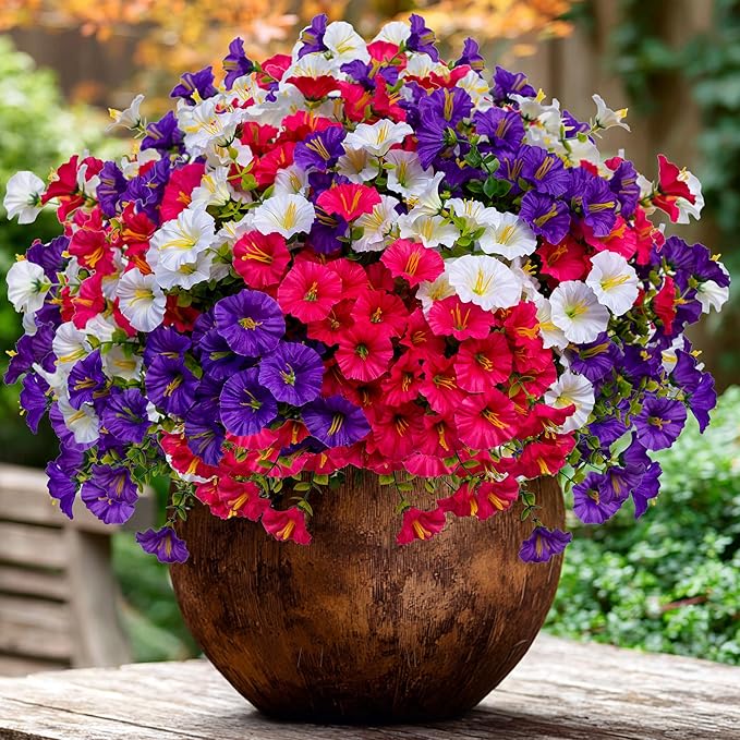 AXYLEX Artificial Flowers Outdoor Morning Glory - 16 Bundles Fake Plants UV Resistant No Fade Faux Plastic Greenery Home Garden Patio Decoration Indoor (1, Multi16-1)