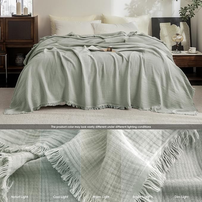 FOSSA Muslin Blanket 4-Layer 100% Cotton Gauze Blanket with Fringe 66"x90" | Super Soft Breathable Lightweight All Season & Decorative Blanket or Bed, Sofa, Office (Sage Green,Twin XL)