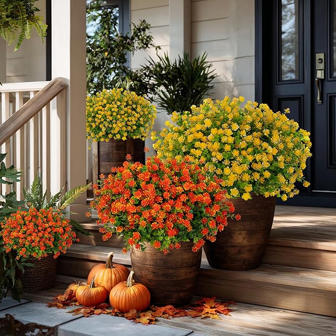 AXYLEX Artificial Flowers Outdoor Fake Plants - 12 Bundles UV Resistant No Fade Faux Plastic Greenery Boxwood Shrubs Home Garden Porch Patio Decoration (Yellow)
