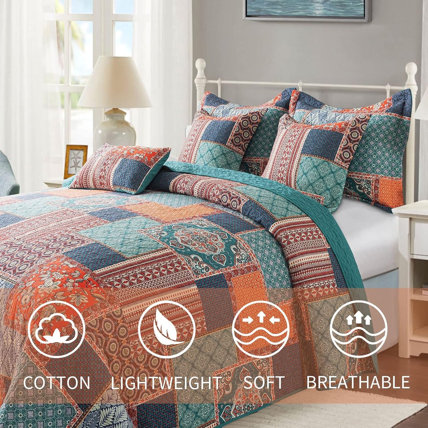 VAPUTAR Cotton Quilt King Size Bedding Set - 3 Pieces King Quilt Bedding Set, Boho King Size Quilts, Lightweight Reversible Coverlets Bedspreads for Farmhouse Bedroom