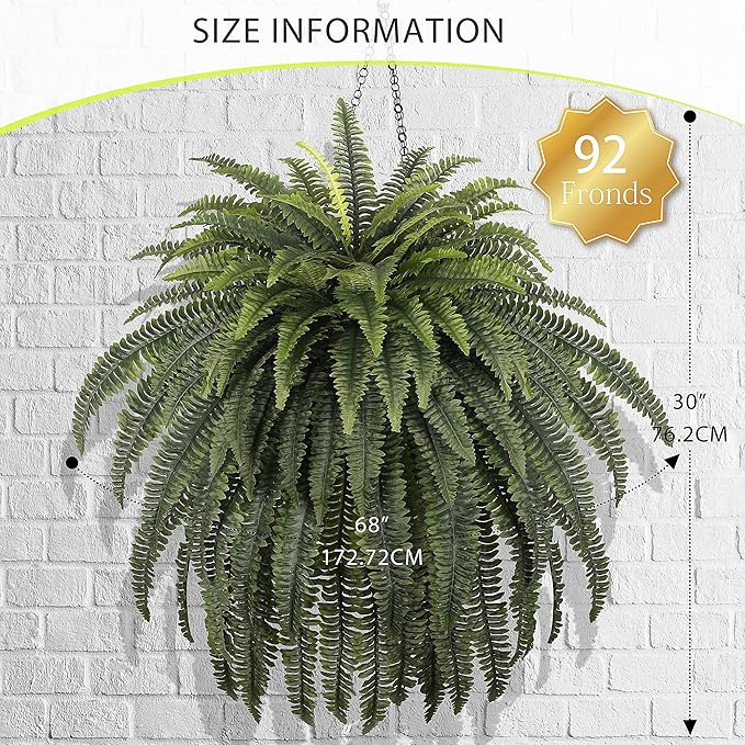 FOREST PRINCE 68" Artificial Ferns for Outdoor, UV Resistant Giant Faux Boston Fern Bush with 92 Fronds, Large Fake Plants Fade Resistant for Porch Patio Garden Home Decor