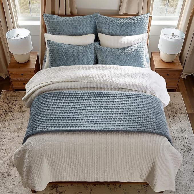Levtex Home - Velvet Stitch - Euro Sham Set of 2 - Cross Stitch - Chambray and White - (26x26in.), No Insert - Polyester