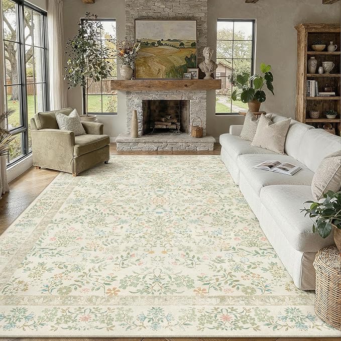 PureCozy 6x9 Light Green Area Rug for Living Room Bedroom Washable Vintage Floral Carpet Low Pile Non Slip Botanical Aesthetic Dining Room Soft Accent Throw Rug Nursery Office Indoor