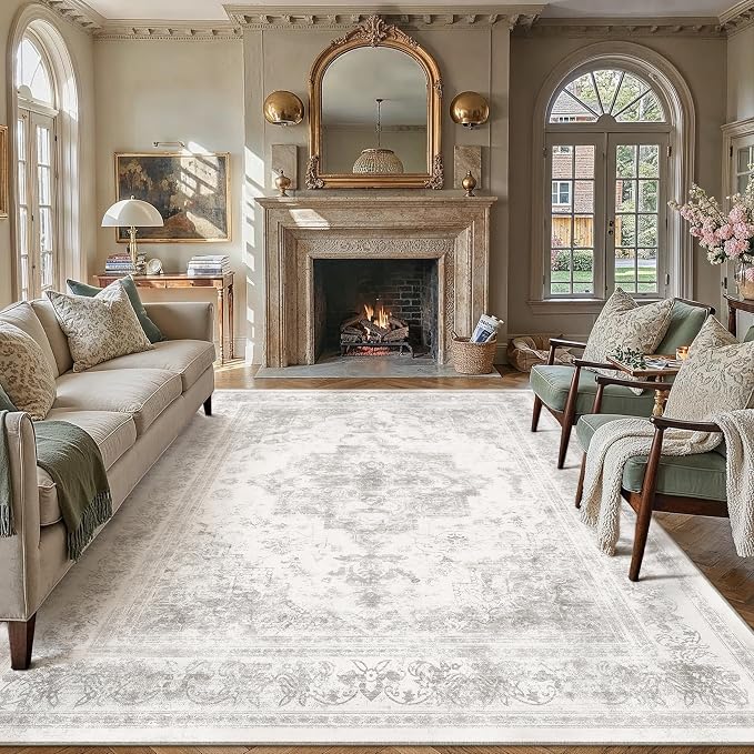 PureCozy Washable Rug 6x9 Area Rug for Living Room Light Gray Vintage Boho Medallion Large Grey Distressed Retro Carpet Non Slip Indoor Low Pile Small Soft Bedroom Dining Room Home Office