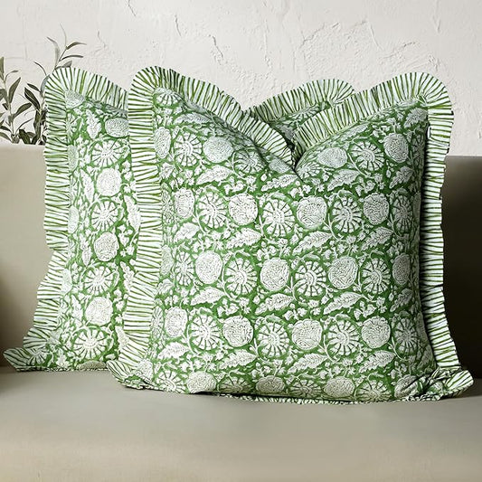 CPC Olive Bloom Hand Block Print 100% Cotton Ruffle Throw Pillow Cover 18x18 inch with Hidden Zipper Decorative for Couch, Bed, Sofa, Farmhouse, Cottagecore Decor Gift Christmas Fall Thanksgiving