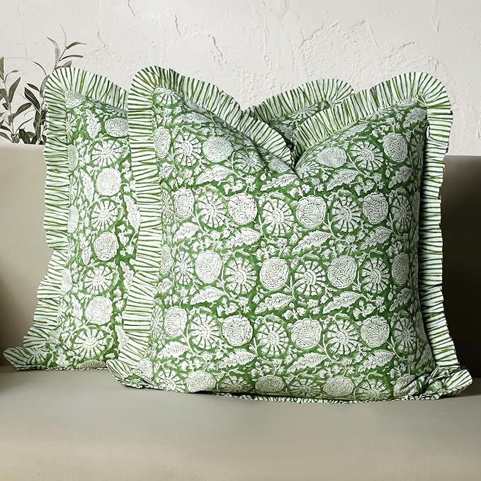 CPC Olive Bloom Hand Block Print 100% Cotton Ruffle Throw Pillow Cover 20x20 inch with Hidden Zipper Decorative for Couch, Bed, Sofa, Farmhouse, Cottagecore Decor Gift Christmas Fall Thanksgiving