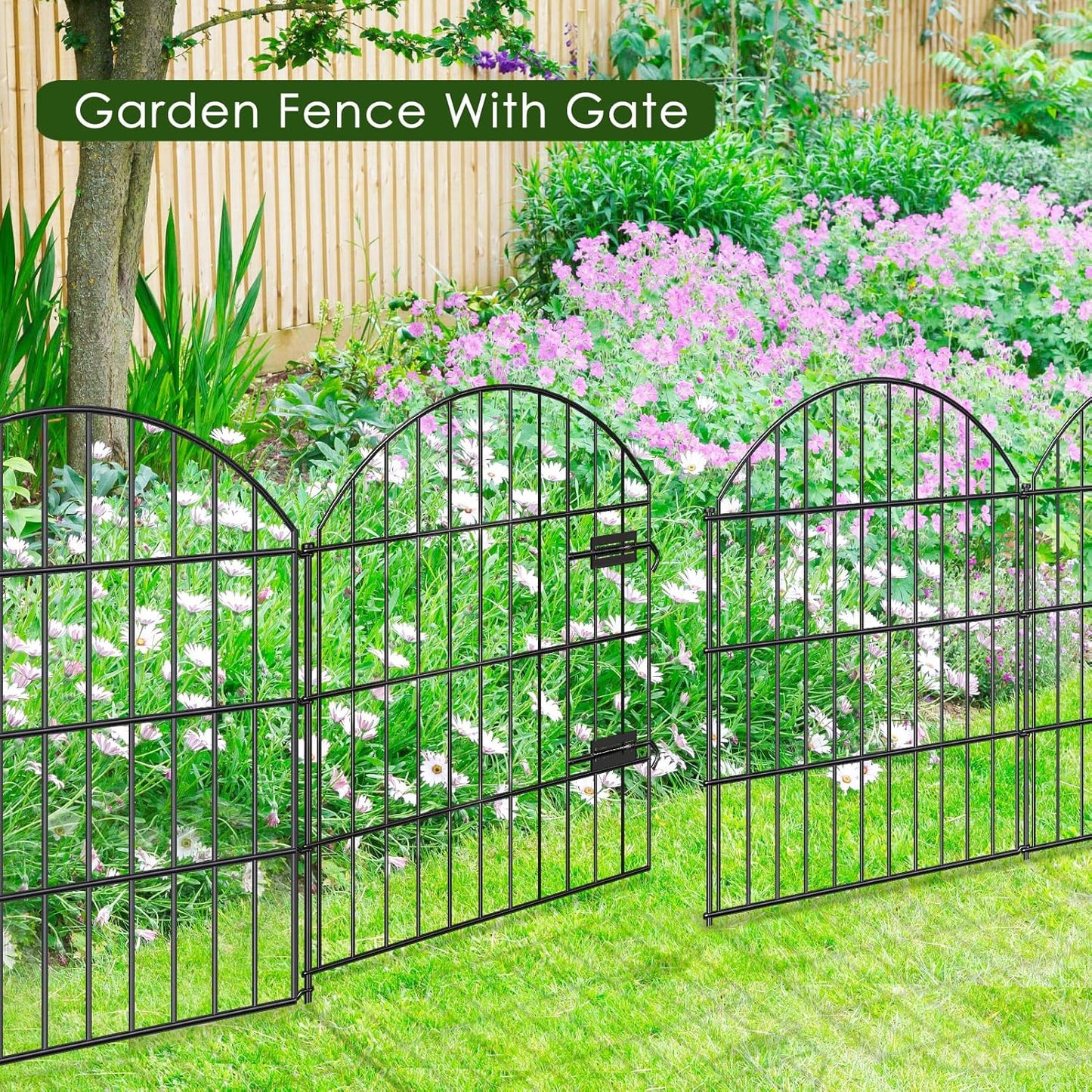 Metal Garden Fence with Gate 28in (H) x 11.7ft (L), 1 Gate + 4 Panels Rustproof Border Fence Animal Barrier for Dogs, No Dig Garden Fencing for Yard Backyard Landscape, ECG2827 Black