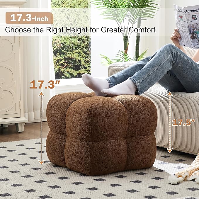 Zesthouse Square Pouf Ottomans Footstool Set of 2, Upholstered Poofy Ottoman for Couch Sofa, Modern Ottoman Coffee Table for Living Room, Rust Brown Boucle Fabric Stool Foot Rest, Cute Vanity Chair