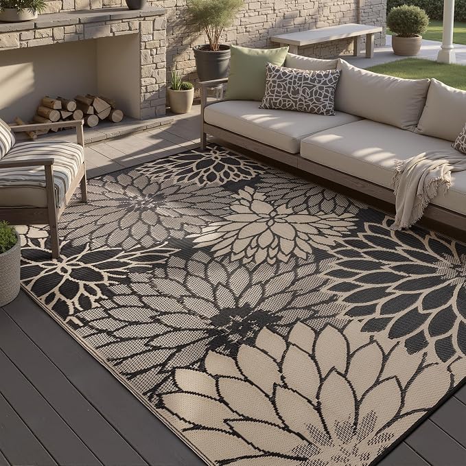 HUGEAR 6'x9' Outdoor Rug Waterproof Plastic Straw Rugs Brown Reversible Floral Mat Floor Carpet for Camping RV Deck Entryance Porch Picnic Balcony Beach Backyard
