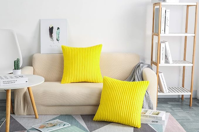 TangDepot Velvet Big Corduroy Pillow Covers 12x12 Yellow 2-Pack | Soft wide-stripe corduroy pillow cover, hidden zipper, machine washable, easy refresh, for bedroom living room indoor outdoor