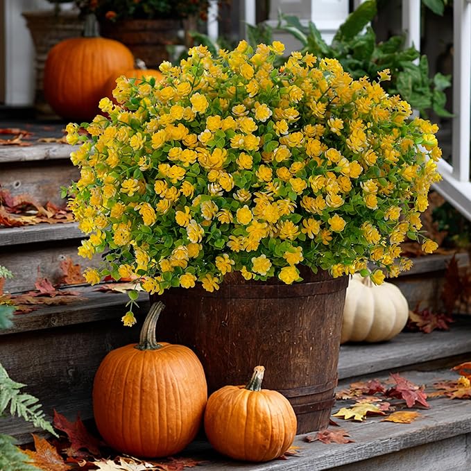 AXYLEX Artificial Flowers Outdoor Fake Plants - 12 Bundles UV Resistant No Fade Faux Plastic Greenery Boxwood Shrubs Home Garden Porch Patio Decoration (Yellow)