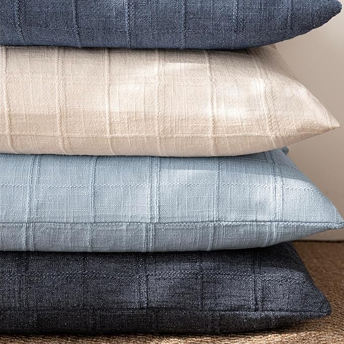 Foindtower Set of 2 Decorative Linen Check Throw Pillow Covers Neutral Farmhouse Vintage Cushion Covers Modern Boho Accent Home Decor for Sofa Chair Couch Bedroom Living Room,20×20 Inch,Sky Blue
