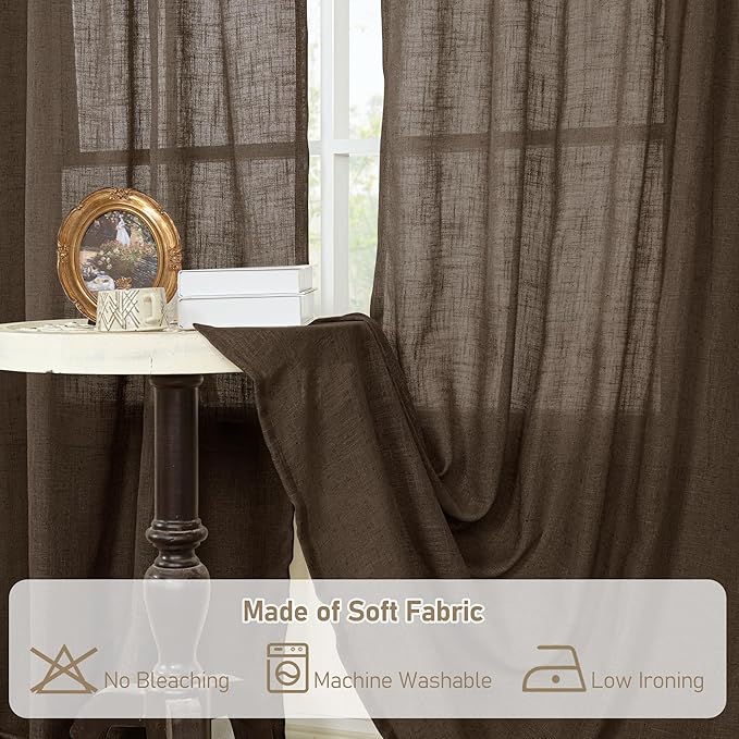 LAMIT Sheer Linen Curtains 63 Inch for Bedroom, Light Filtering Neutral Semi Sheer Farmhouse Boho Curtains Back Tab and Rod Pocket Living Room Panels, Dark Brown, 2 Panels, 52 x 63 Inch